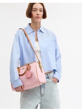 Coach Pink Signature Satchel with Tan Trim and Flower Charm